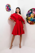 Load image into Gallery viewer, Skater dress with cold shoulder ruffles