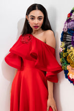 Load image into Gallery viewer, Skater dress with cold shoulder ruffles