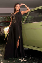 Load image into Gallery viewer, Pleated gown with a slit and metallic foil accents