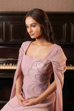 Load image into Gallery viewer, Fit and flare embroidered gown with cape sleeves
