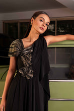 Load image into Gallery viewer, Pleated gown with a slit and metallic foil accents