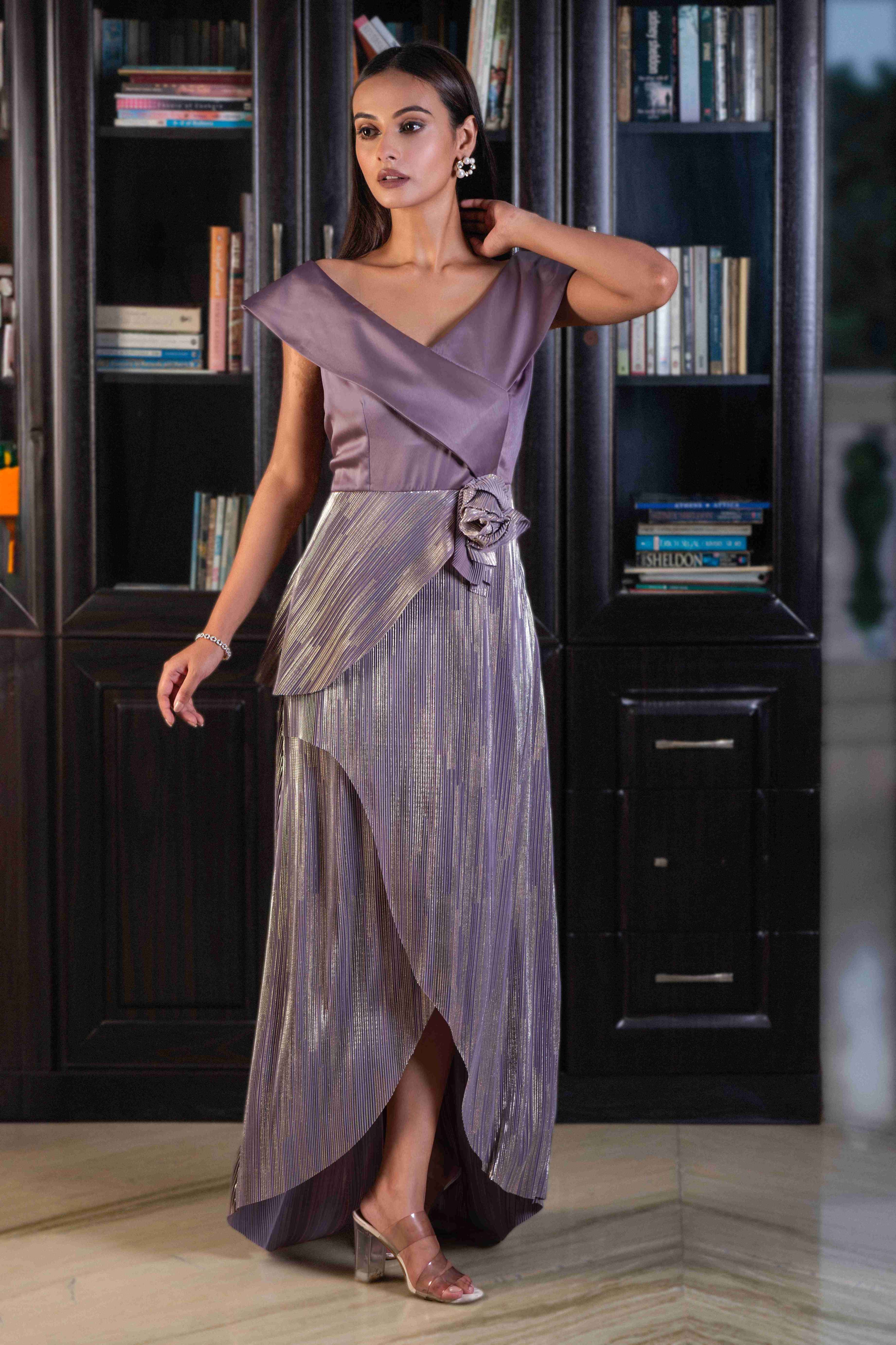 Shawl collar layered dress with gold metallic hints – Pranati Kejriwall