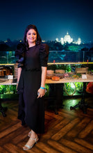 Load image into Gallery viewer, Black puffed sleeve drape dress with rose and belt