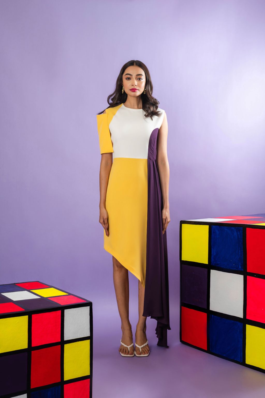 Color blocked asymmetric dress