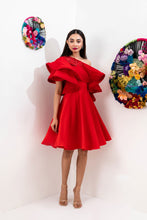 Load image into Gallery viewer, Skater dress with cold shoulder ruffles
