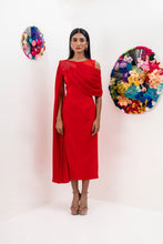 Load image into Gallery viewer, Midi dress with cape sleeve and drapes
