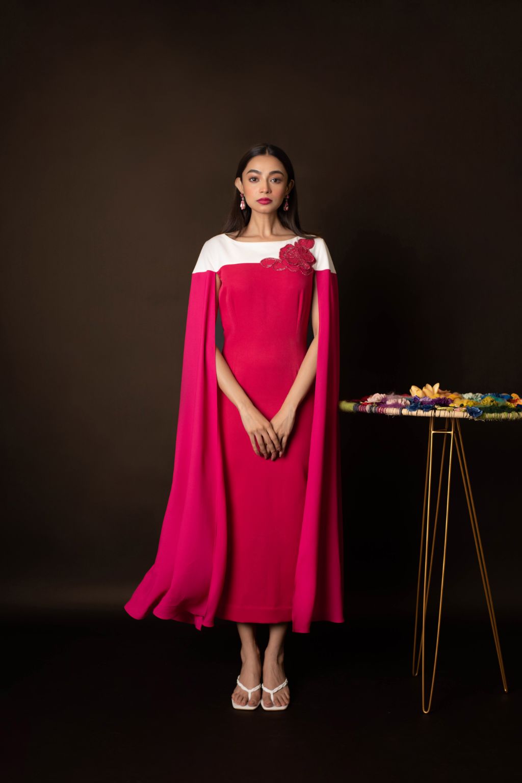 Straight cut midi dress with cape sleeves