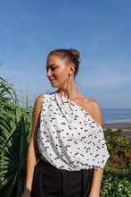 Load image into Gallery viewer, Geometric printed cold shoulder drape top
