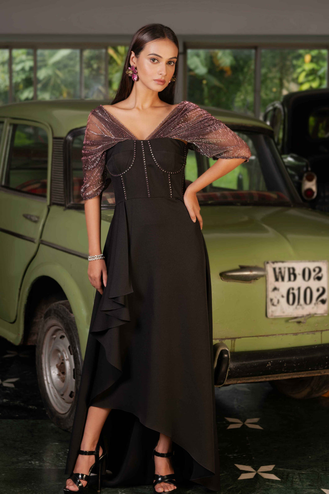 studded corset dress STRAPLESS CRYSTAL EMBELLISHED Black FITTED GOWN BY LADIVINE CM367 Black / 14