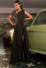 Load image into Gallery viewer, Pleated gown with a slit and metallic foil accents
