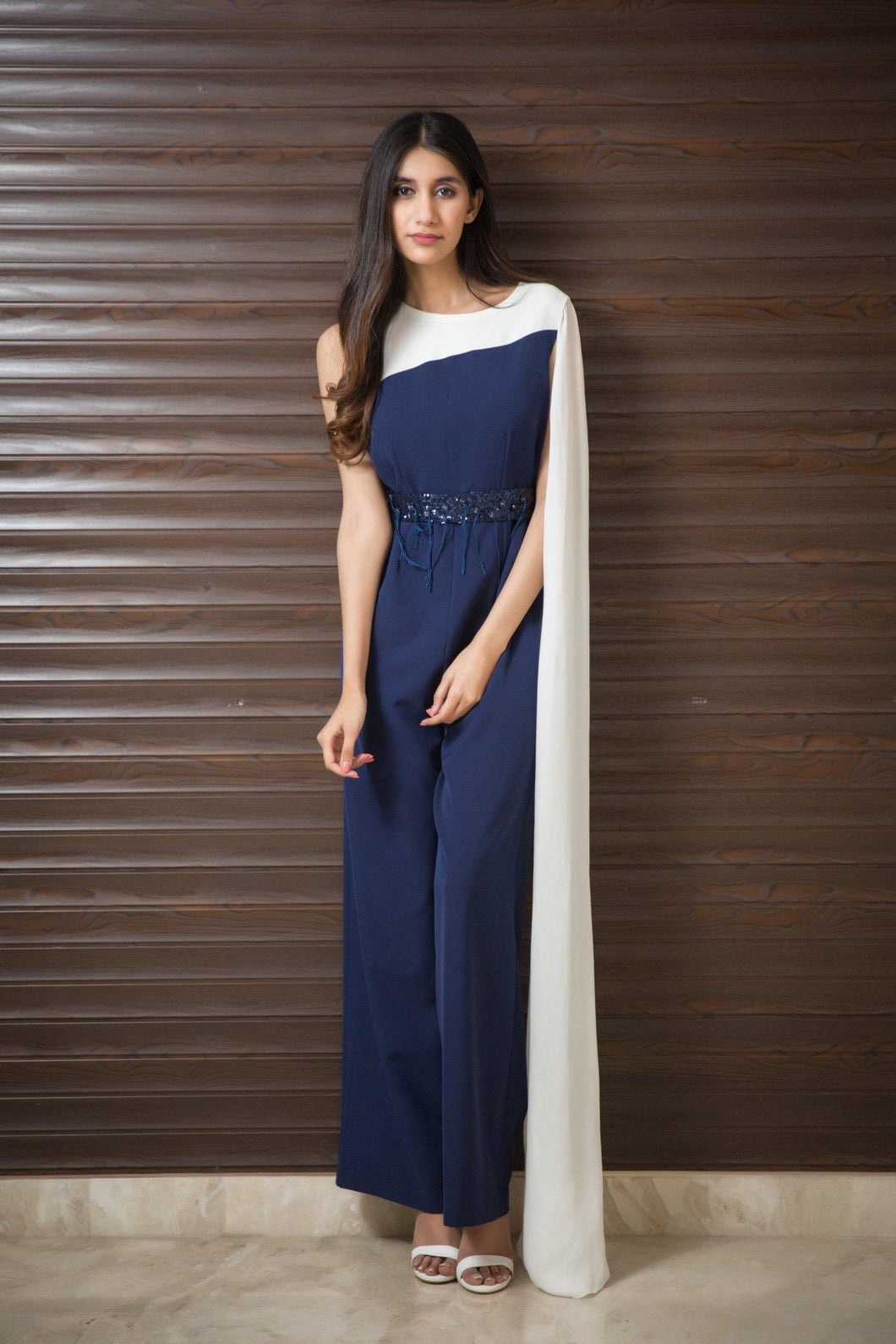 Navy Jumpsuit with trailing sleeve