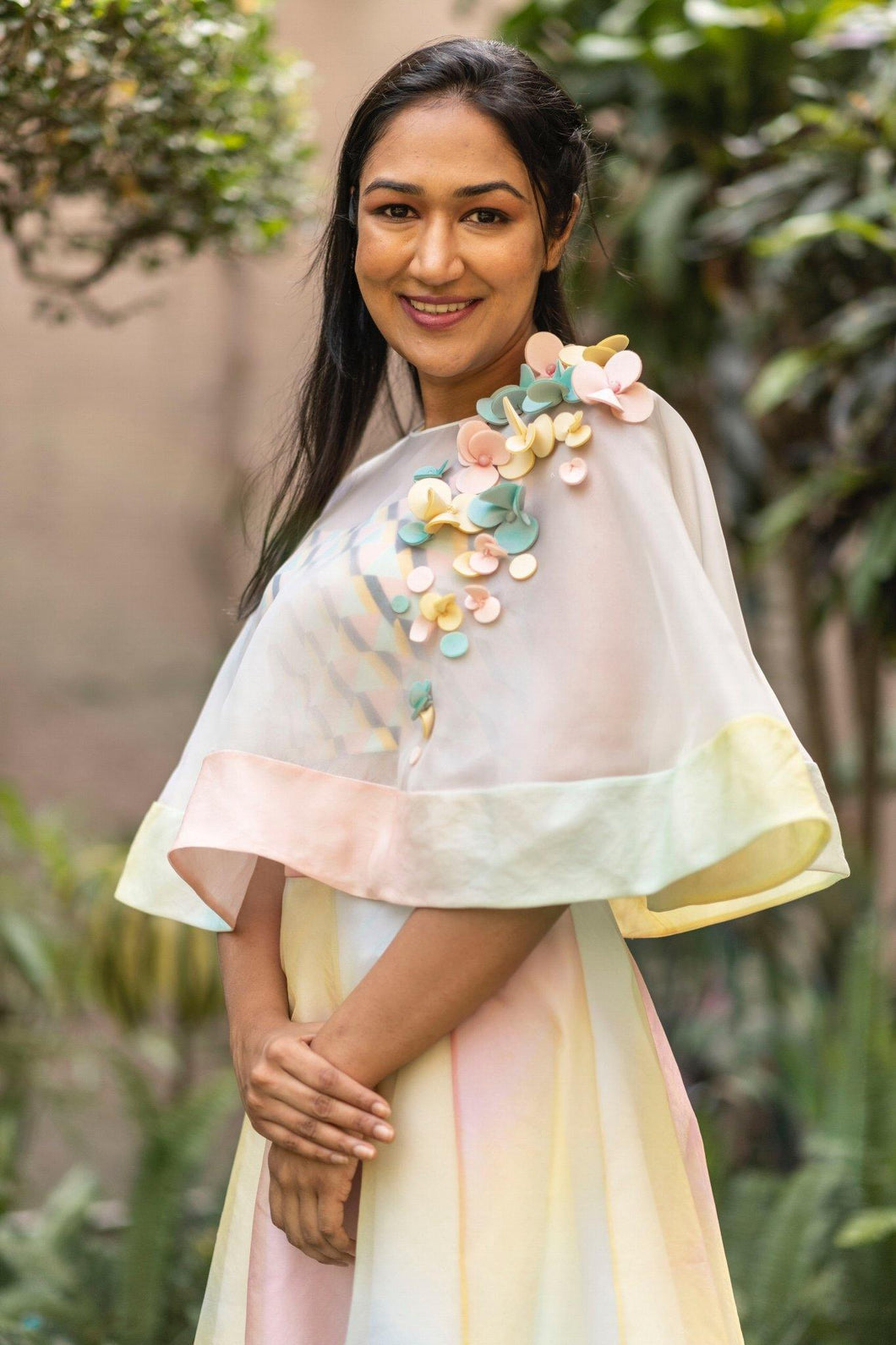Embroidered short cape and printed top - Pranati Kejriwall
