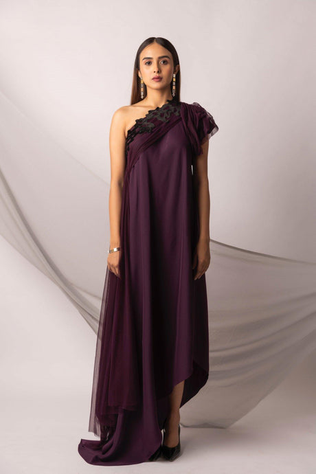 Asymmetric dress with smocked sleeve and tulle drape - Pranati Kejriwall