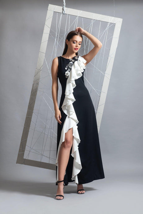 Black & White A line ruffled gown
