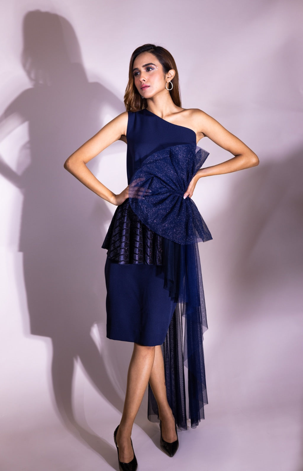 One shoulder dress with tulle panels